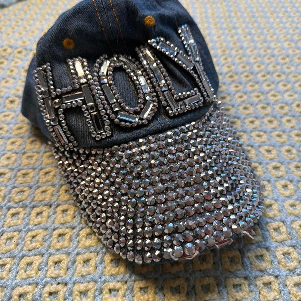 Y2K‎ Mcbling Distressed Denim Holy Crystal Rhinestone Baseball Cap Hat Navy Blue